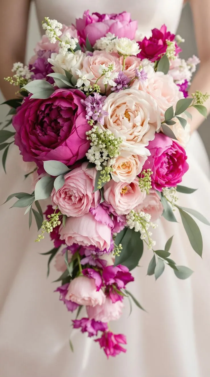 Bouquet da sposa a cascata con peonie fucsia e rose rosa