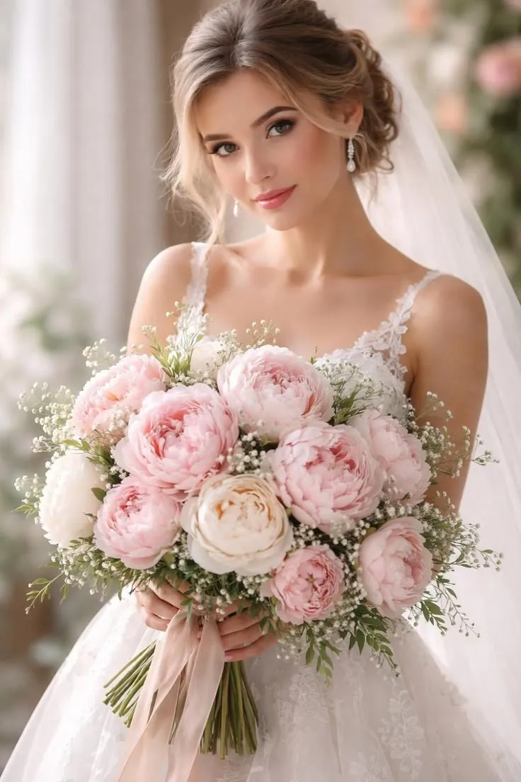 Sposa sorridente con bouquet tondo di peonie rosa