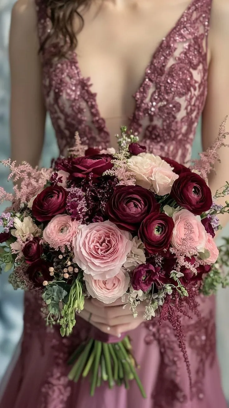 Bouquet di rose marsala e rosa antico davanti a un abito bordeaux