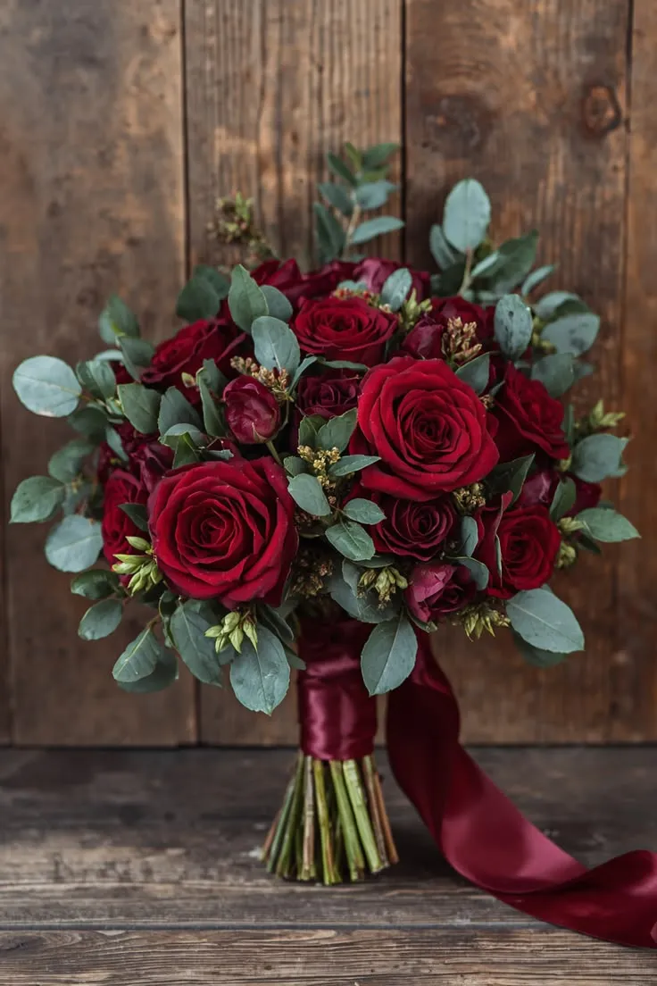 Bouquet di rose rosse ed eucalipto con nastro bordeaux