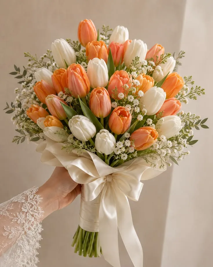 Bouquet di tulipani pesca e bianchi con nastro avorio