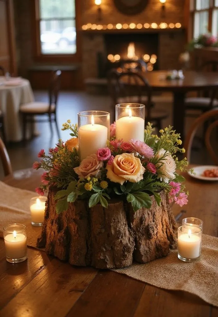 Centrotavola su tronco di legno con rose e candele accese