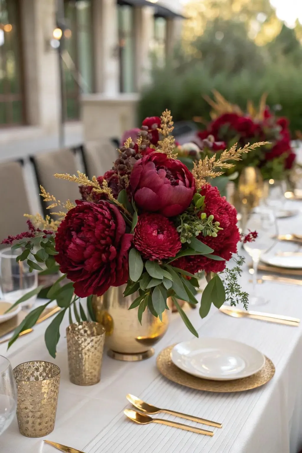 Centrotavola di peonie bordeaux in vaso dorato su tavola apparecchiata