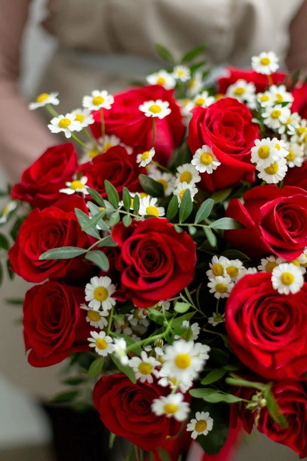 Mazzo di rose rosse e margherite bianche