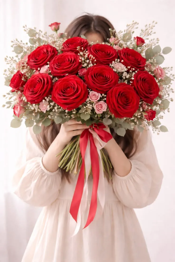 Ragazza che tiene un grande mazzo di rose rosse con nastro rosso