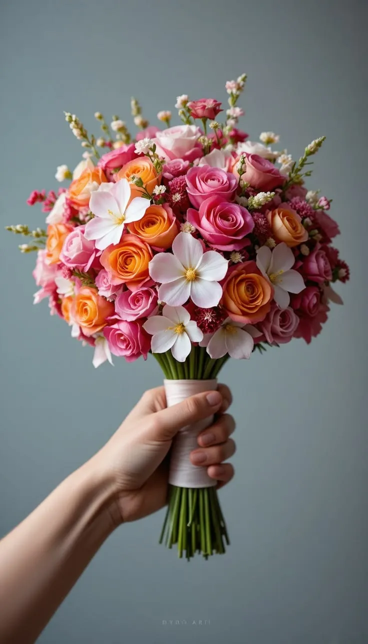 Mazzo tondo di rose rosa e pesca con fiori bianchi