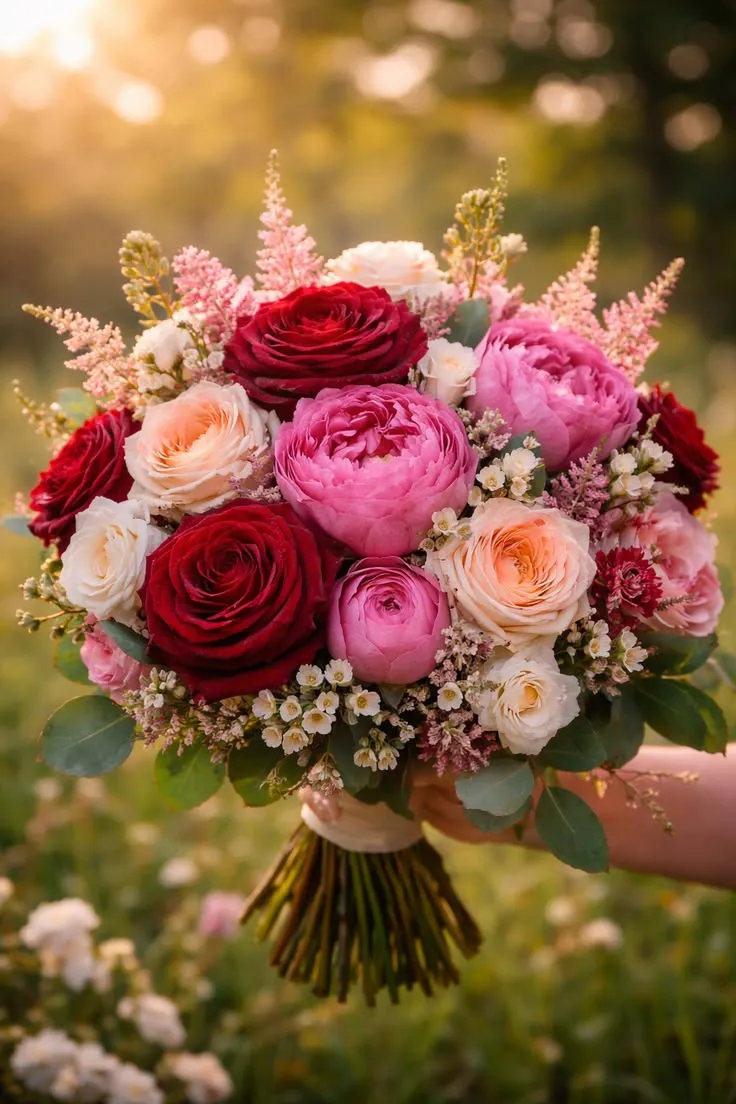 Mazzo di peonie rosa, rose rosse e astilbe in un giardino