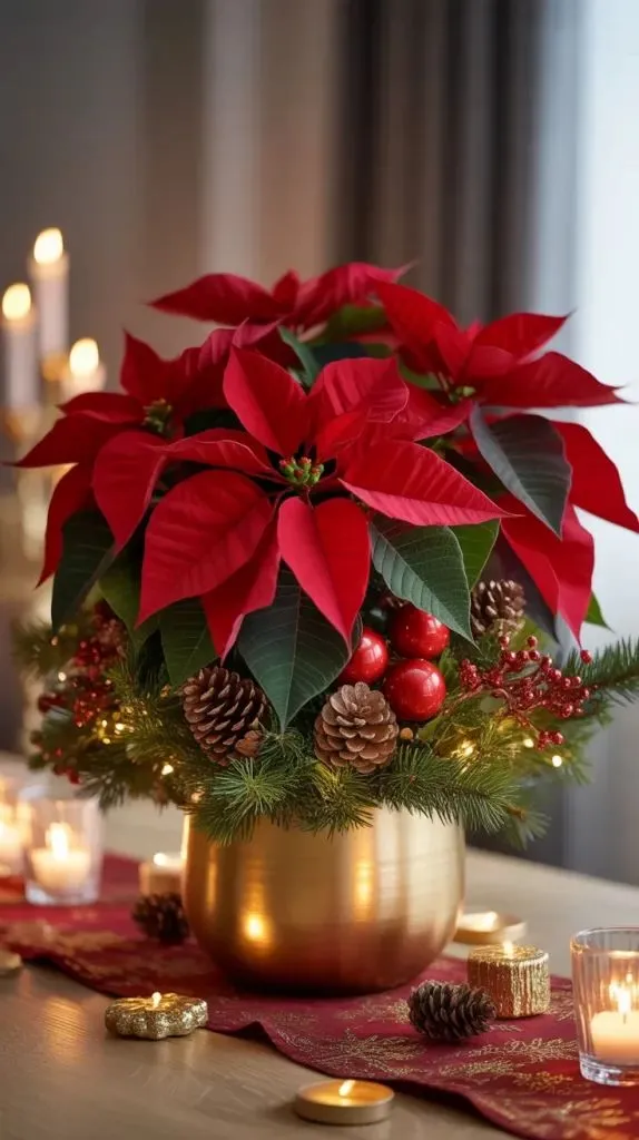 Stella di Natale rossa con bacche e pigne in vaso dorato