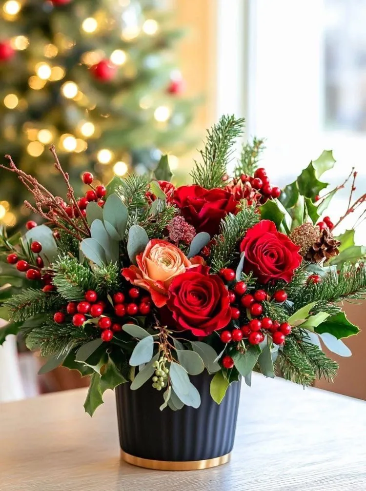 Composizione natalizia di rose rosse e agrifoglio in vaso nero