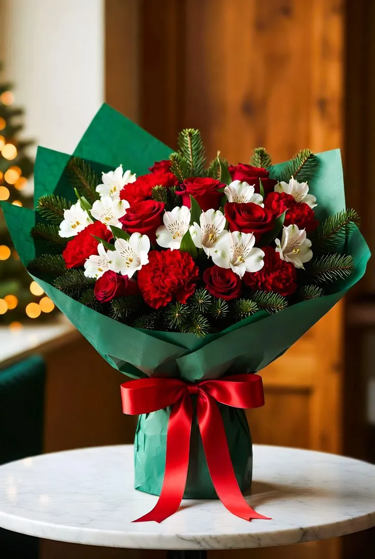 Mazzo natalizio di rose rosse e fiori bianchi in carta verde