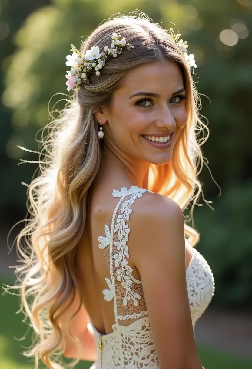 Sposa di spalle con mezza corona di gipsofila bianca