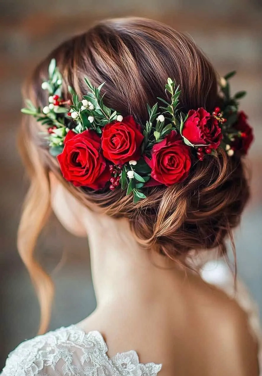 Raccolto basso decorato con rose rosse, bacche bianche e mirto