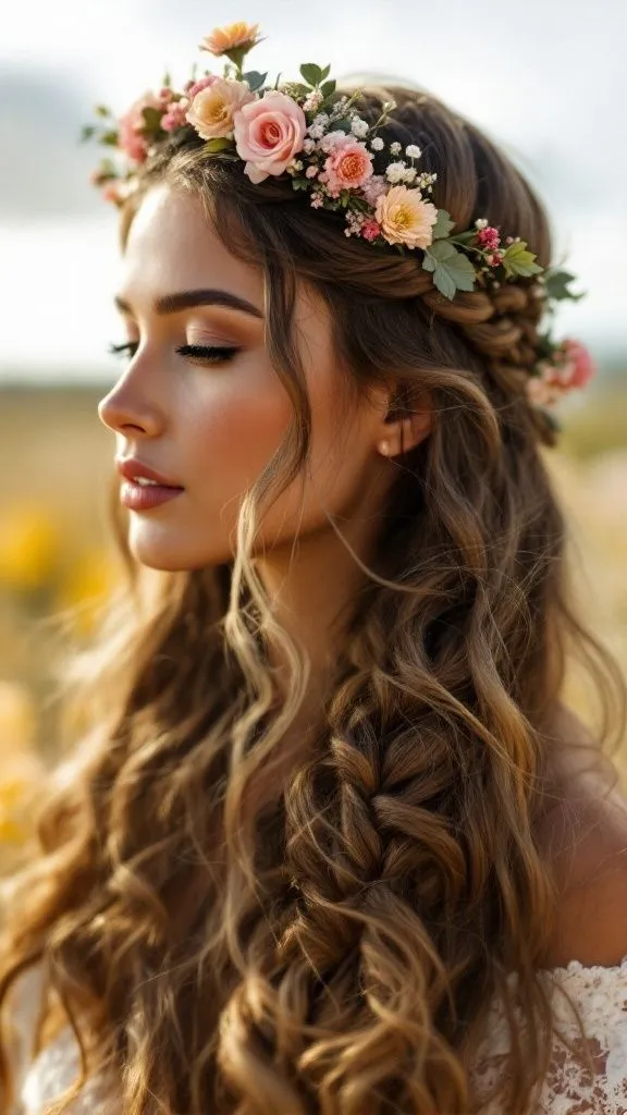 Profilo di ragazza con mezza corona di mini rose pesca su capelli ondulati