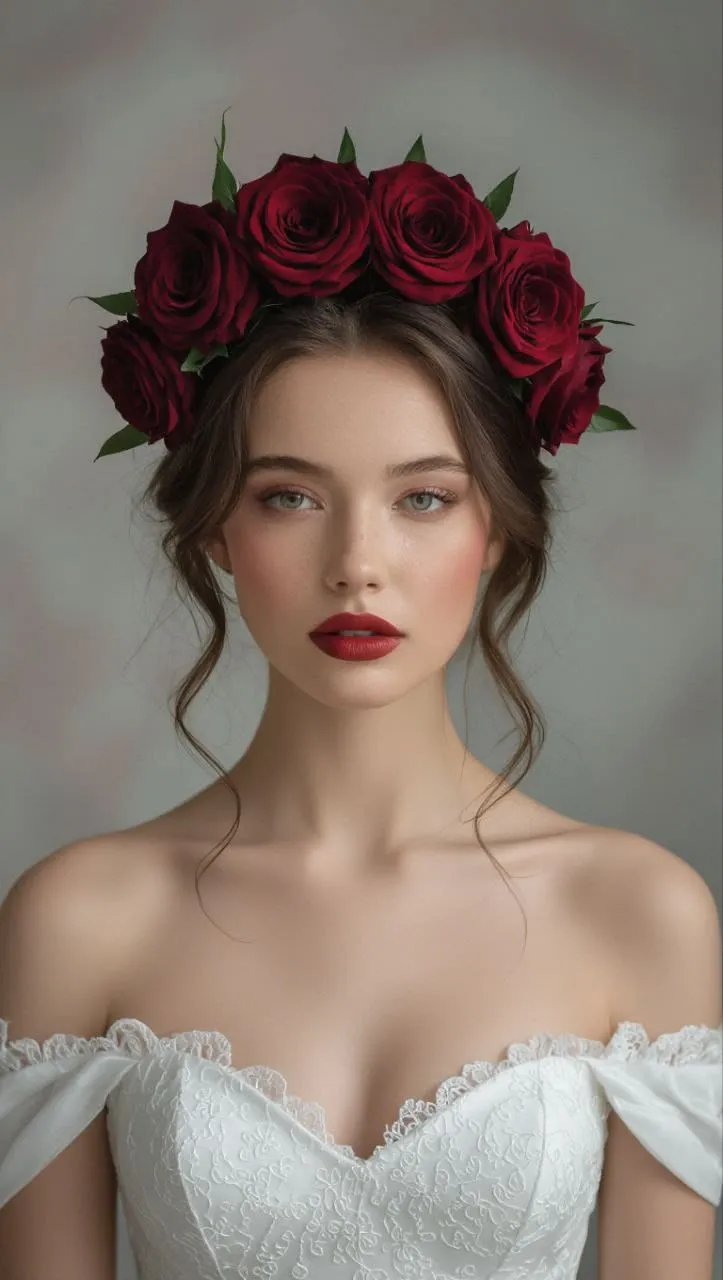 Sposa con corona piena di rose bordeaux e abito a spalle scoperte