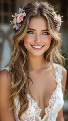 Ragazza sorridente con corona di fiori lilla e rosa