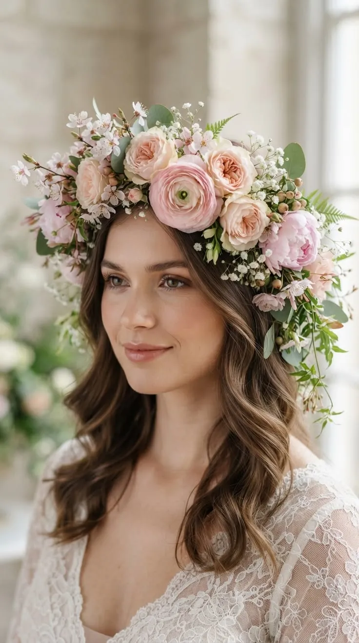 Sposa con voluminosa corona di rose cipria e pesca